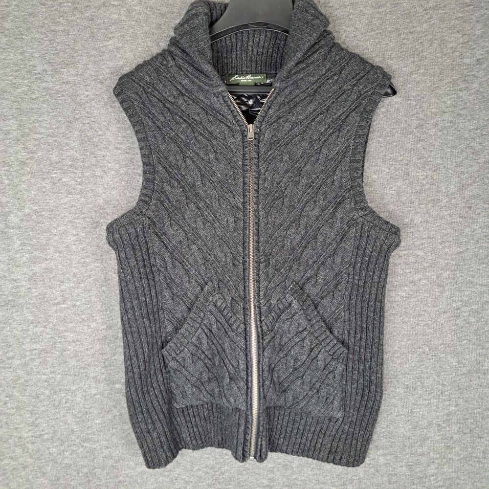 Eddie Bauer Wool Vest Womens L Cable Knit Sweater Quilted Shawl Insulated Zip-Up